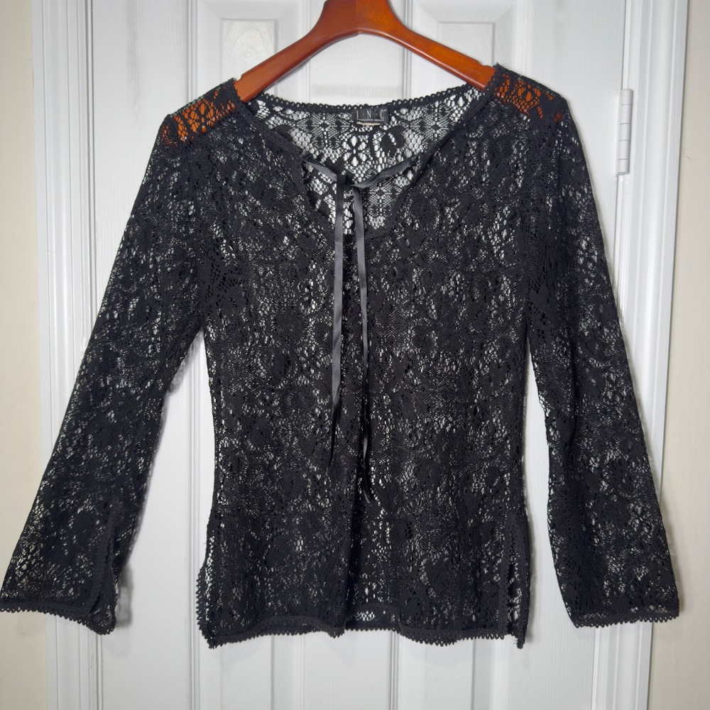 Whimsy‎ Goth Black Lace Top Sheer Tie Front Bell Sleeve Witchy Romantic Small